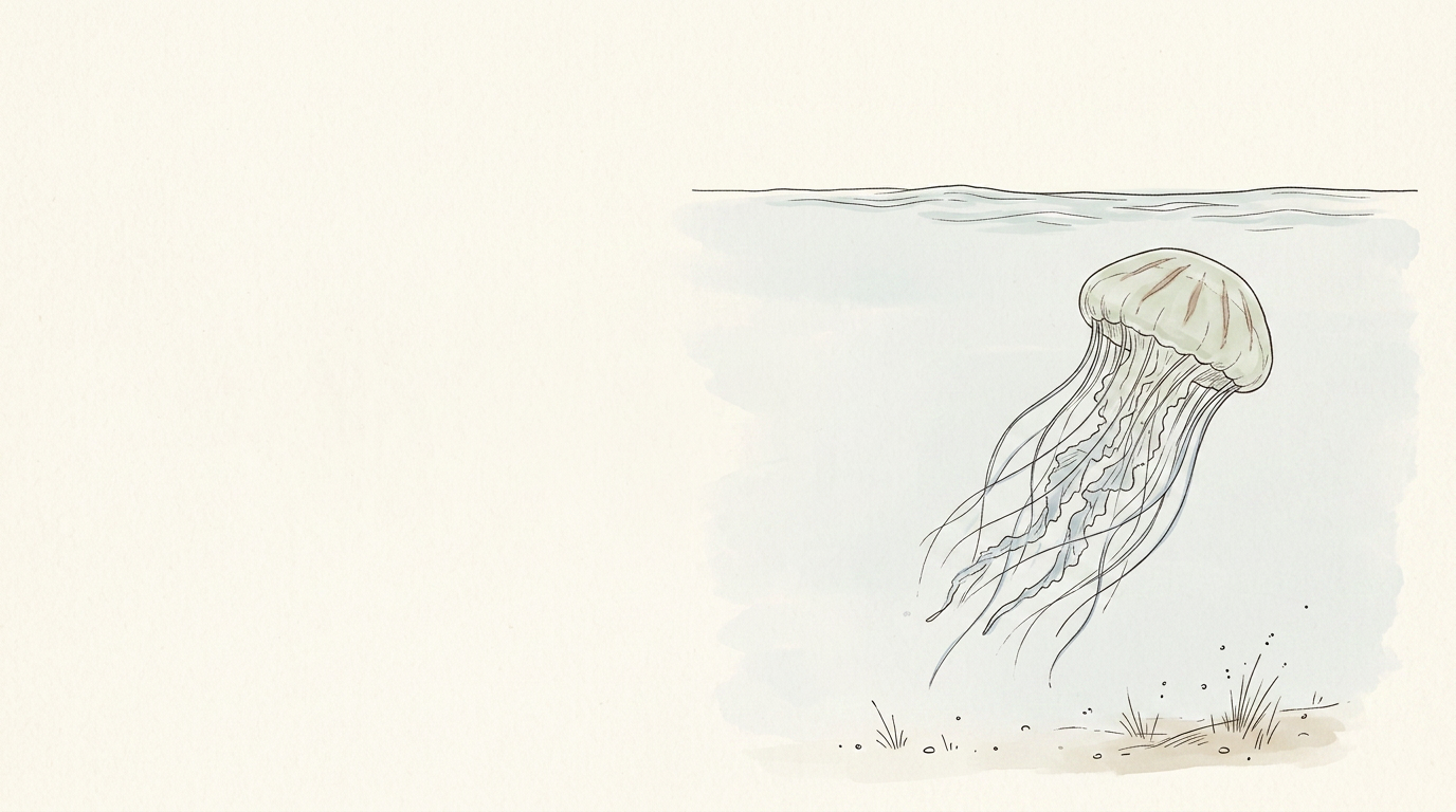 Hand-drawn field-guide illustration of a translucent Chesapeake Bay sea nettle drifting in calm brackish water
