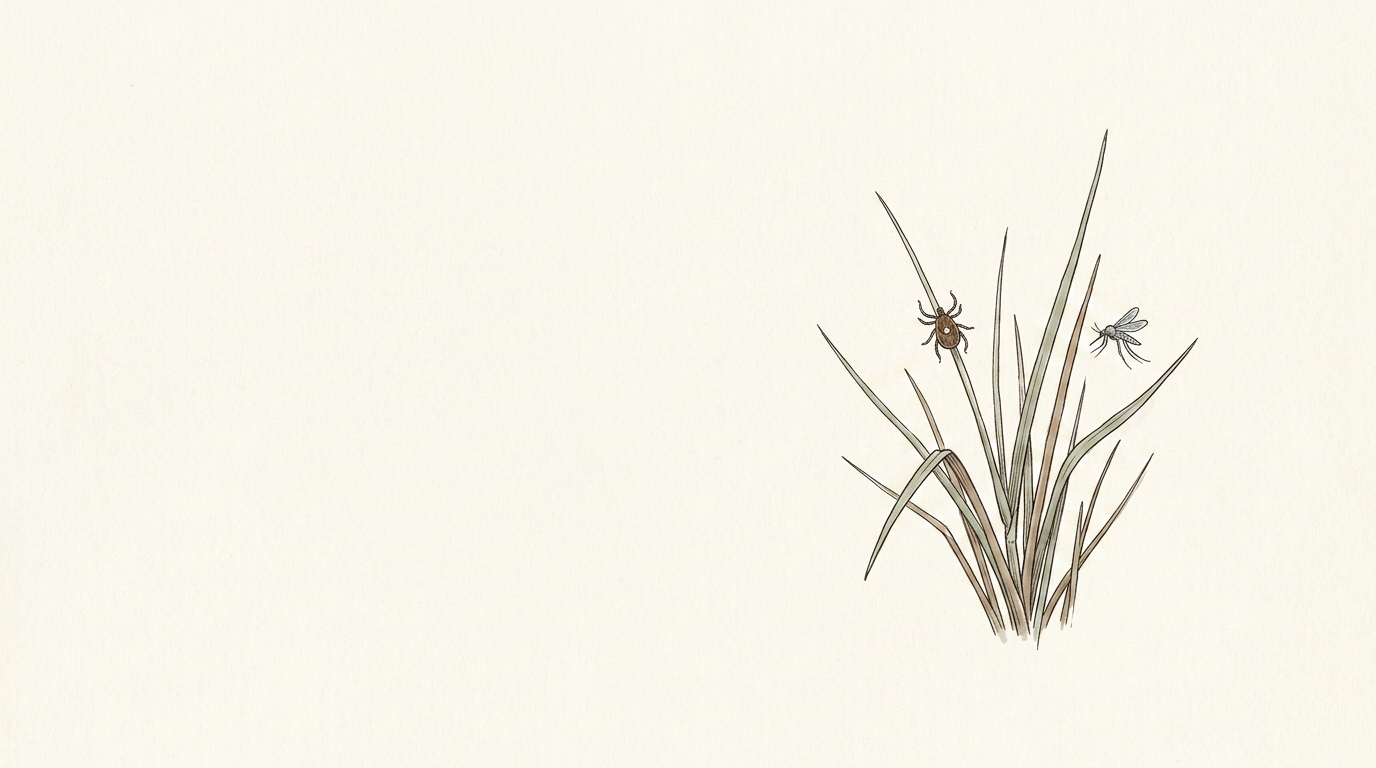 Hand-drawn field-guide illustration of Delmarva salt-marsh cordgrass with a lone star tick on a blade and a salt-marsh mosquito hovering nearby