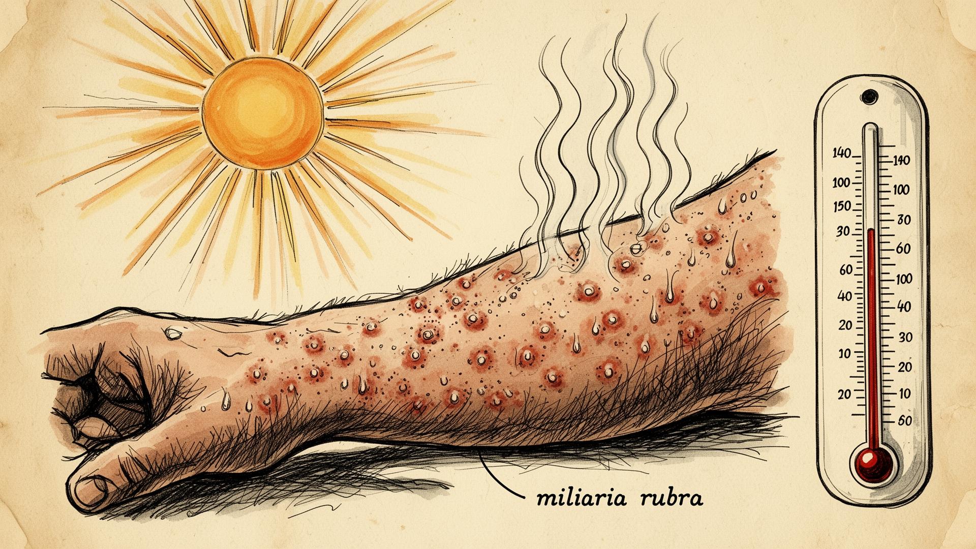 Hand-drawn field-guide illustration of a sweat-soaked forearm with prickly heat rash under a heavy summer sun and a vintage thermometer
