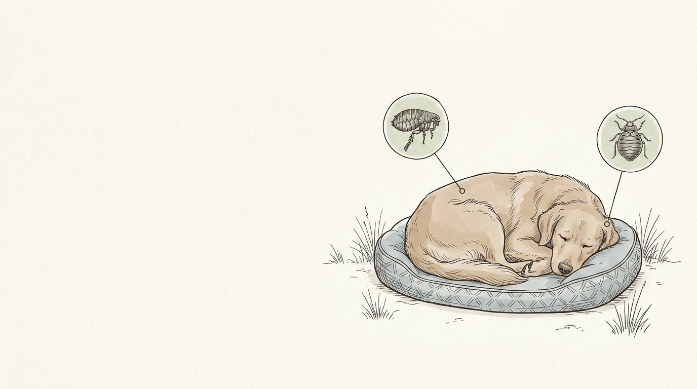 Hand-drawn field-guide illustration of a sleeping golden retriever on a woven dog bed with small magnified cat flea and bed bug specimen insets