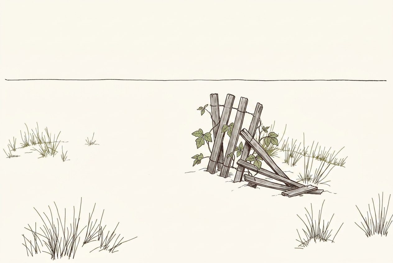 Hand-drawn field-guide illustration of a thick dark-green leafy bush growing over a weathered slatted snow fence on a Delmarva beach dune